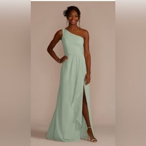 David’s Bridal CHIFFON ONE-SHOULDER BRIDESMAID DRESS WITH CASCADE, DUSTYSAGE